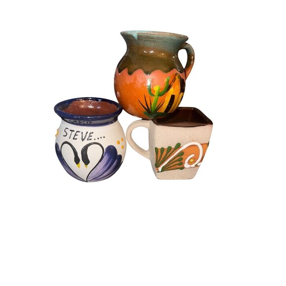 Mexican-Style Ceramic Mug Set Of 3 With Various Hand-Painted Designs - Picture 1 of 14